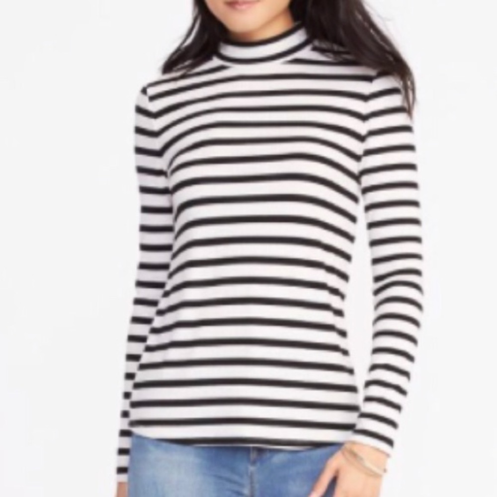 Black & White Striped Mock Neck Long Sleeve Top - Women